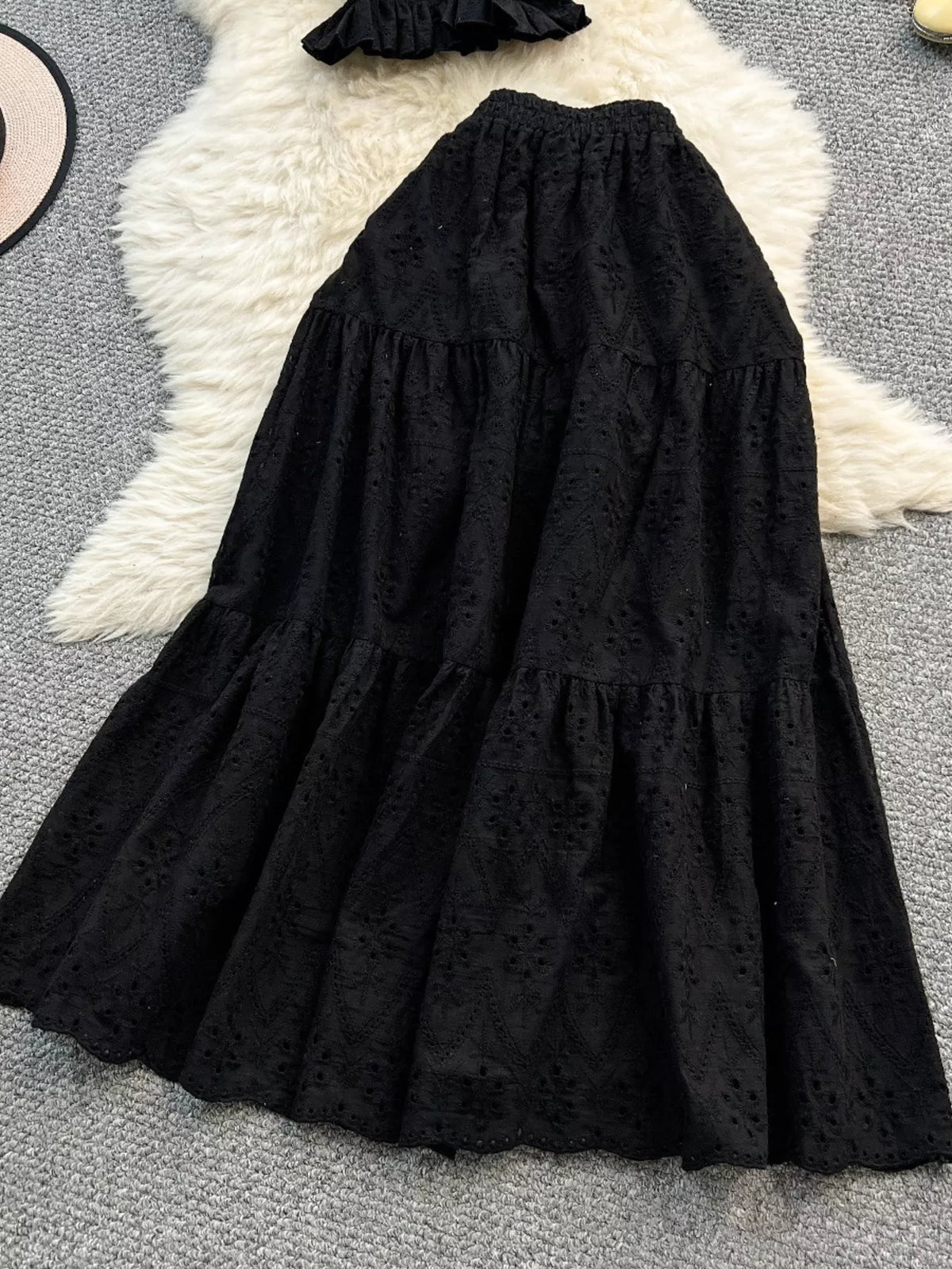 Smocked Crop Top and Hollow-Out Skirt Set