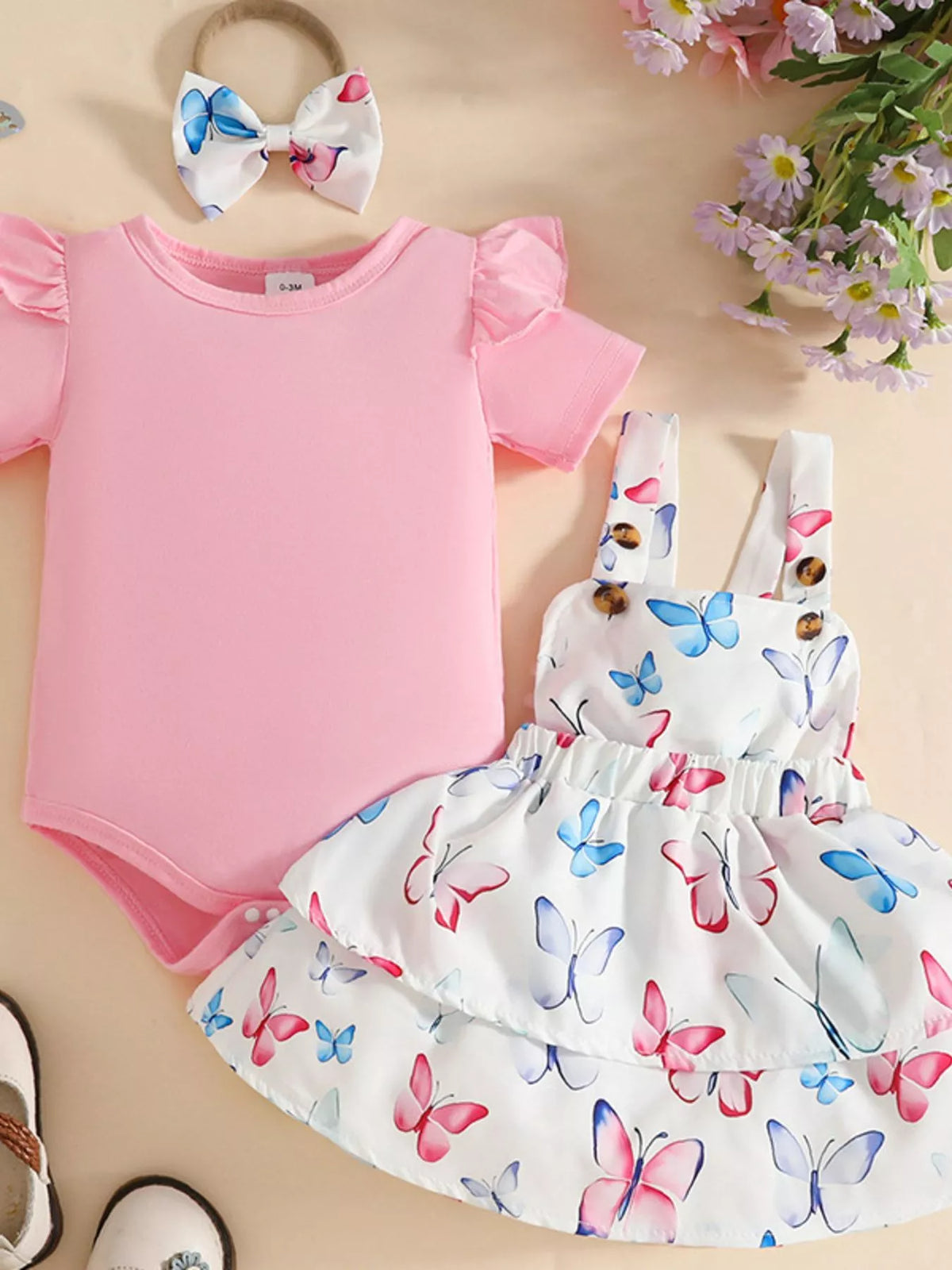 Children's Ruffled Bodysuit and Dress Set with Headband
