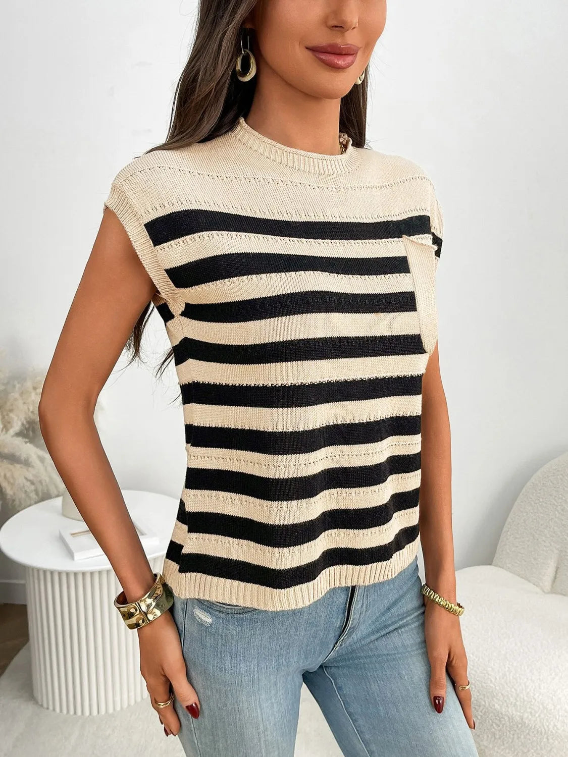Striped Mock Neck Cap Sleeve Knit Top