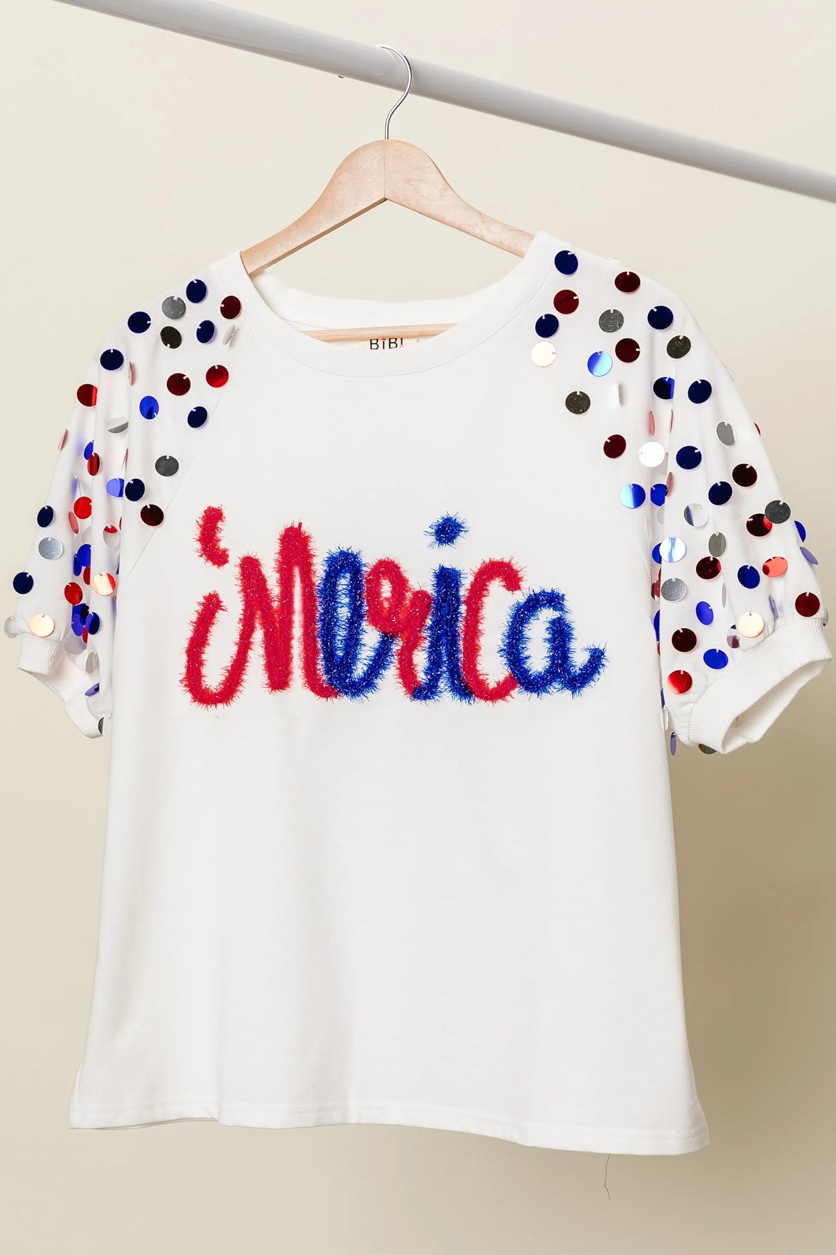 BiBi Metallic Letter Spangle Raglan Puff Sleeve Top