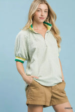 Umgee Botanical Print Puff Short Sleeve Blouse with Contrast Collar