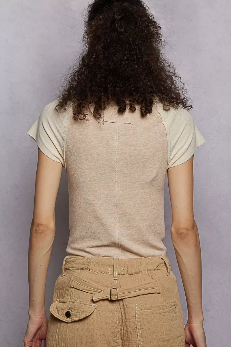 POL Outseam Detail Ribbed T-Shirt with Contrast Color Sleeves