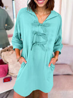 Bow Front Collared Side Pocket Shift Mini Dress