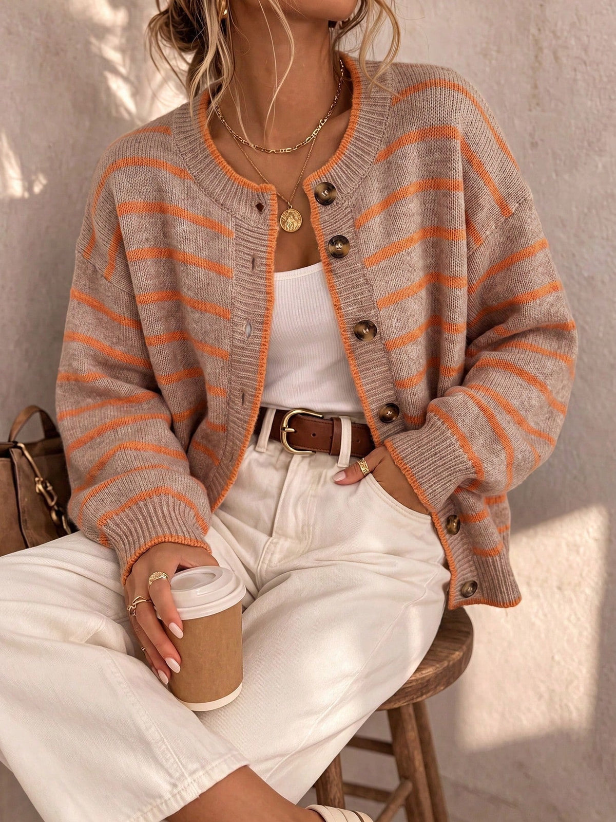 Striped Button-Down Knit Cardigan