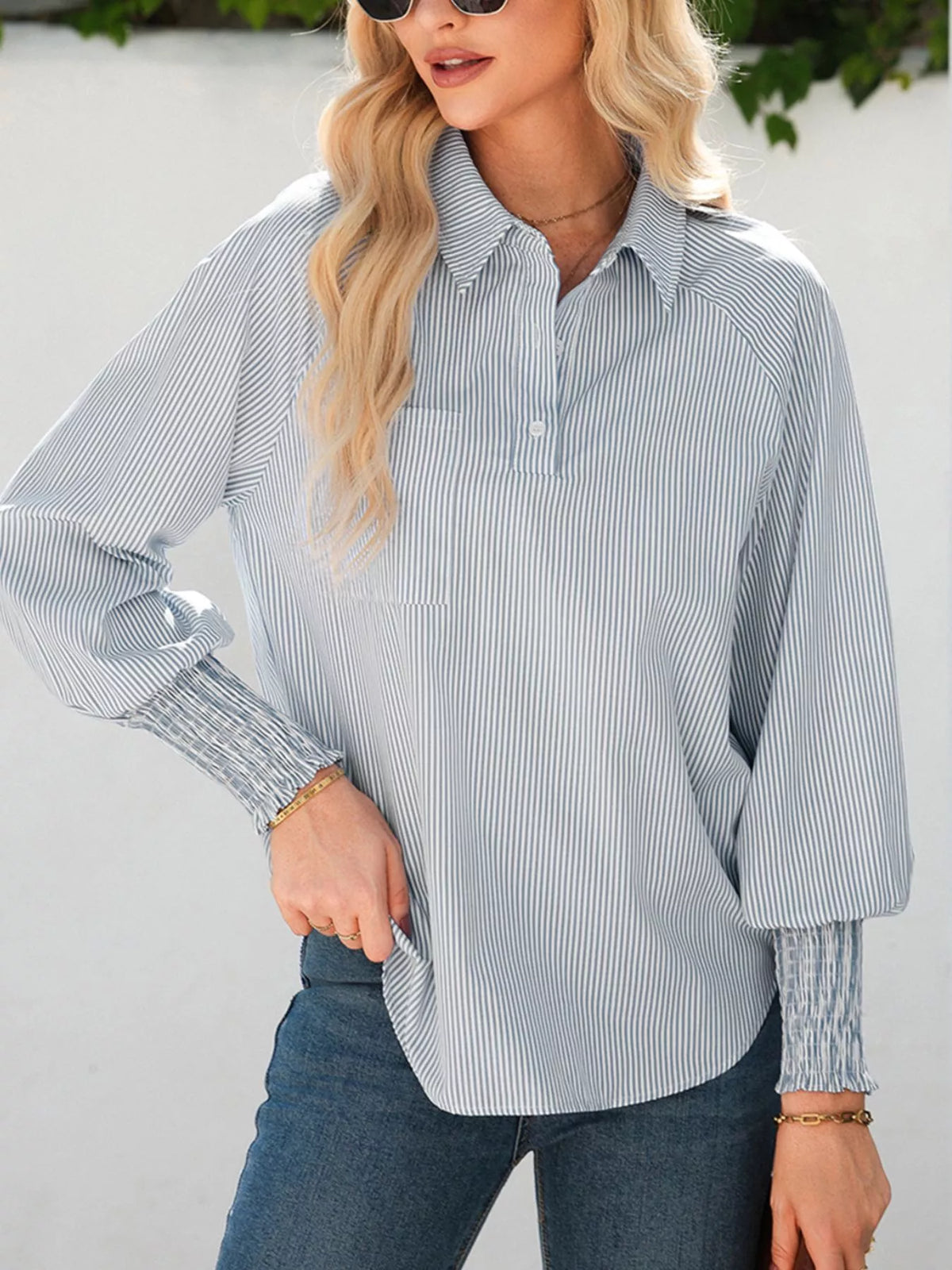 Pinstripe Long Sleeve Smocked Cuffs Button Shirt Collar Blouse