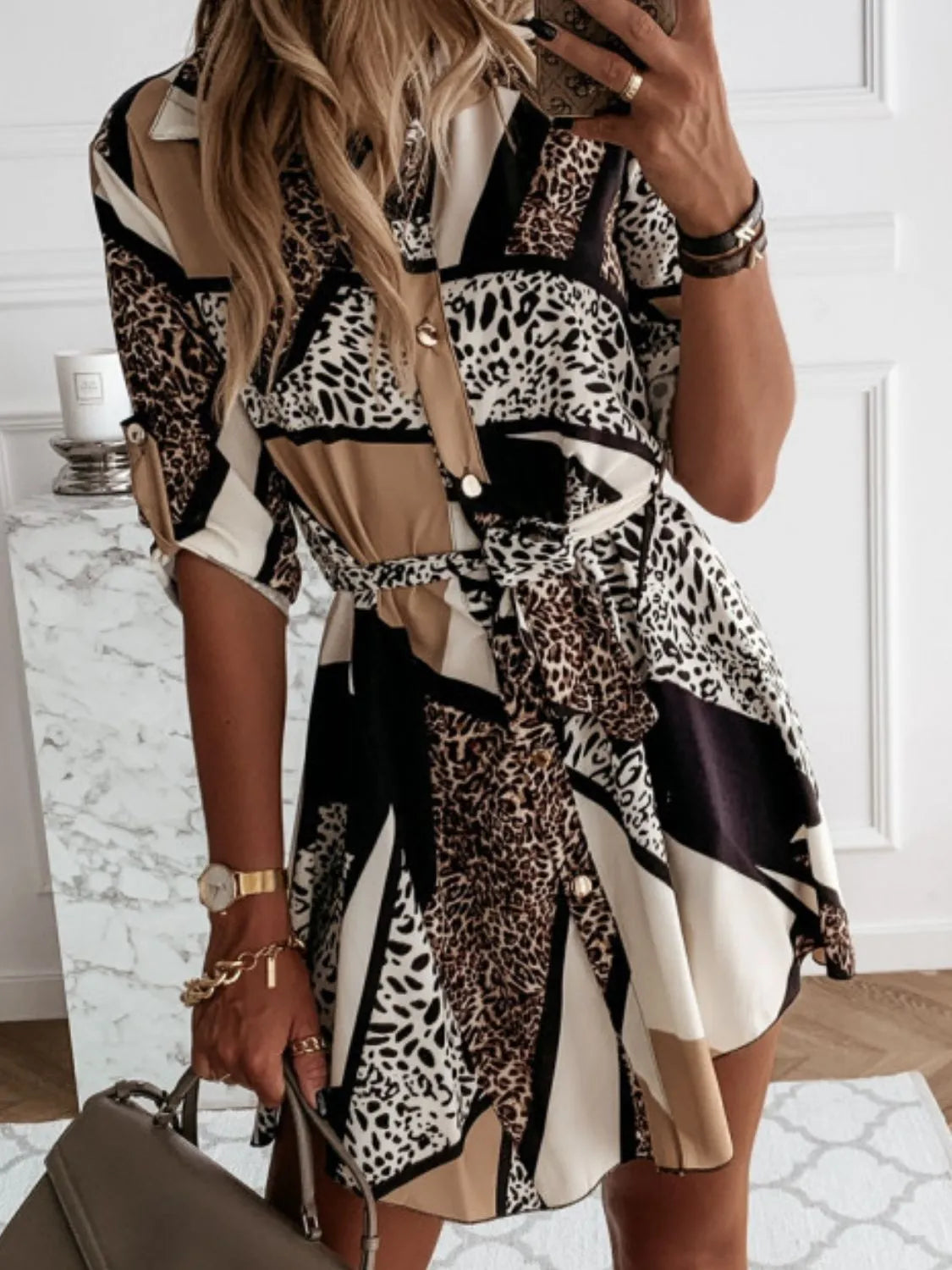 Printed Tie Waist Roll-Tab Sleeve Mini Dress