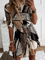 Printed Tie Waist Roll-Tab Sleeve Mini Dress