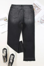 High-Waisted Distressed Hem Straight Leg Jeans