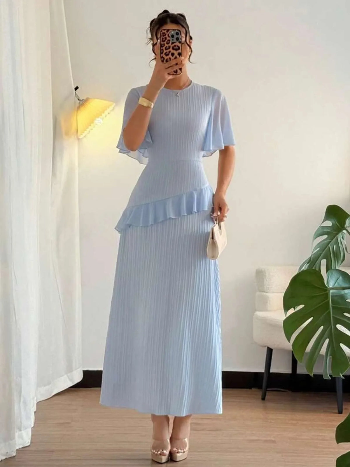 Ruffled Round Neck Flutter Sleeve Dress