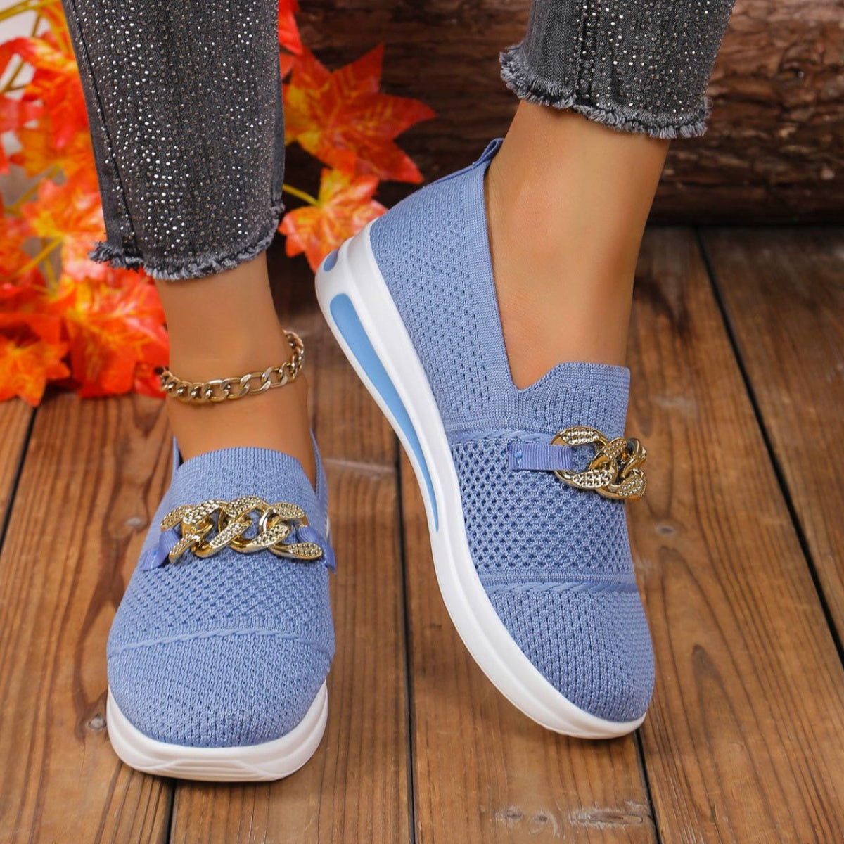Chain Detail Round Toe Slip-Ons