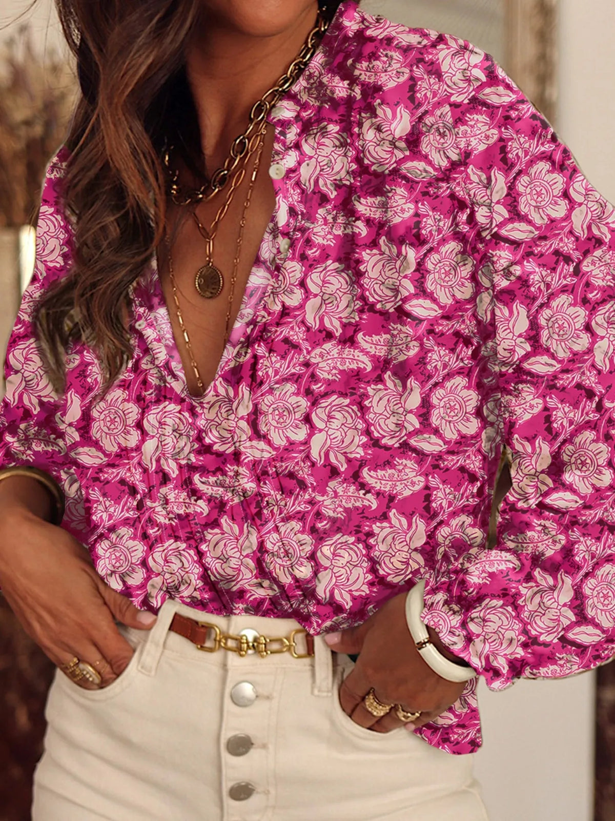 Floral Print Split Neck Pleated Long Sleeve Blouse