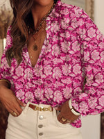 Floral Print Split Neck Pleated Long Sleeve Blouse
