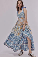 Floral Tiered Maxi Dress with Mixed Print Design