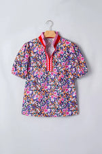 Ditsy Floral Print Plaid Colorblock Trim V Neck Blouse