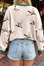 Twisted Ribbed Duck Print Crewneck Casual Pullover Top