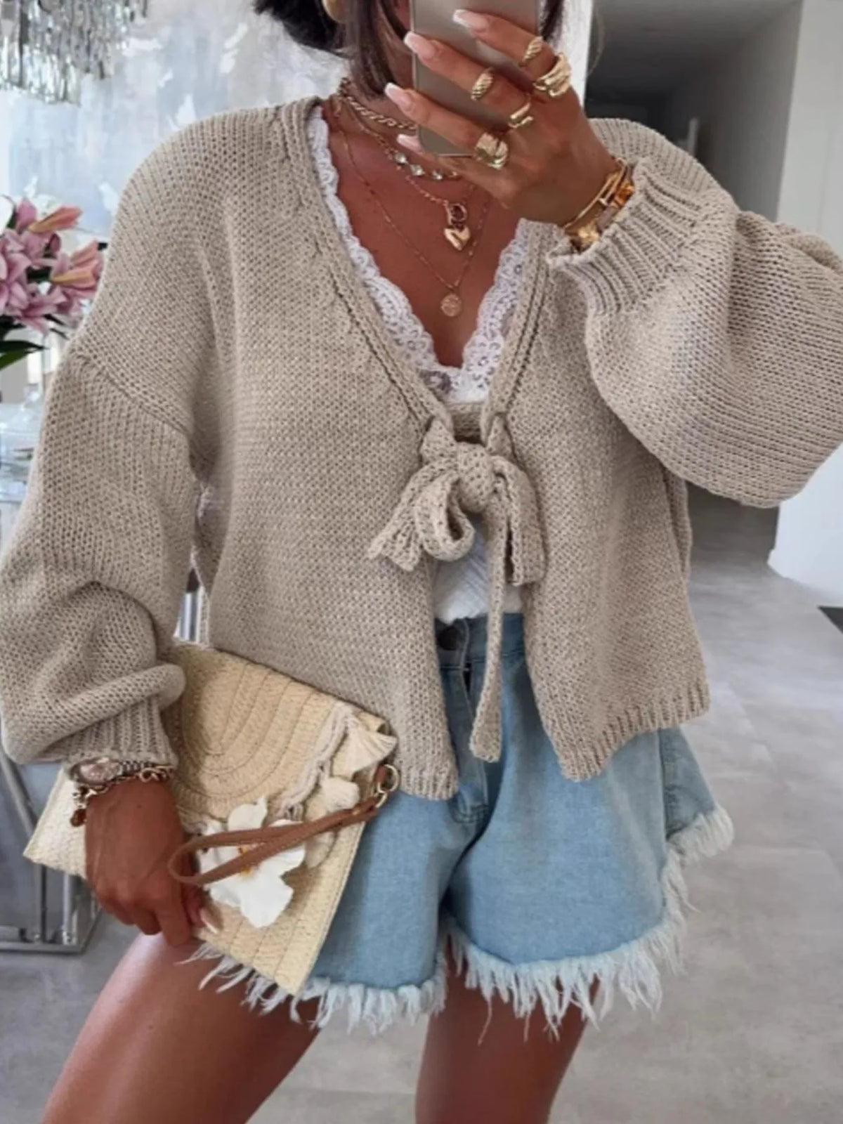 Tied Drop Shoulder Cardigan