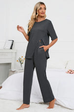 Slit Round Neck Top and Pants Lounge Set