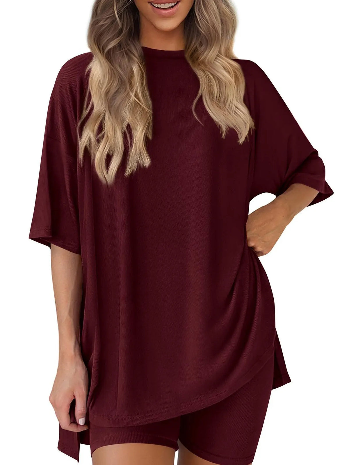 Full Size Oversized Round Neck Top and Shorts Set Plus Size