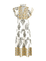Printed Notched Ruffled Cap Sleeve Dress
