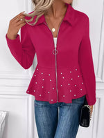 Pearl Embellished Zip-Up Peplum Outerwear