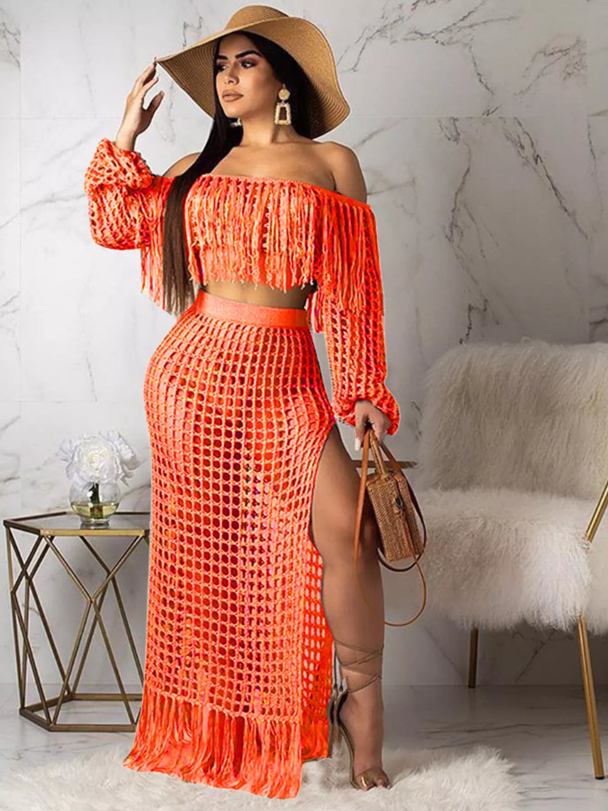 Full Size Crochet Off-Shoulder Fringe Top and Skirt Set Plus Size