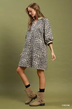 Umgee Leopard Print Quarter Zip Puff Sleeve Mini Dress
