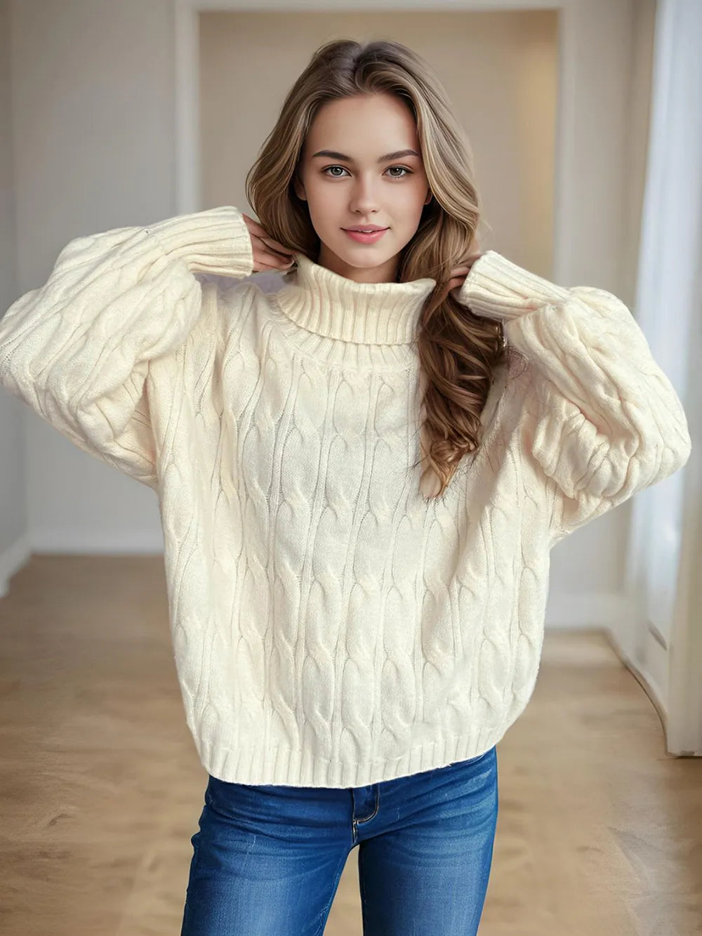 Cable-Knit Turtleneck Long Sleeve Sweater