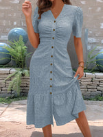 Eyelet Button Front V-Neck Midi Dress