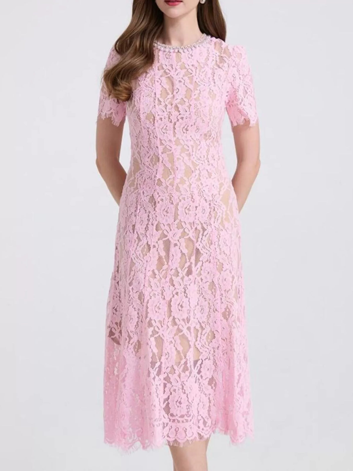 Lace Pearl Neckline Midi Dress