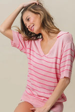 BiBi Stripe Short Sleeves Collared V Neck Top