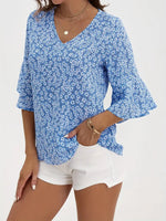 Floral Print V-Neck Bell Sleeve Blouse
