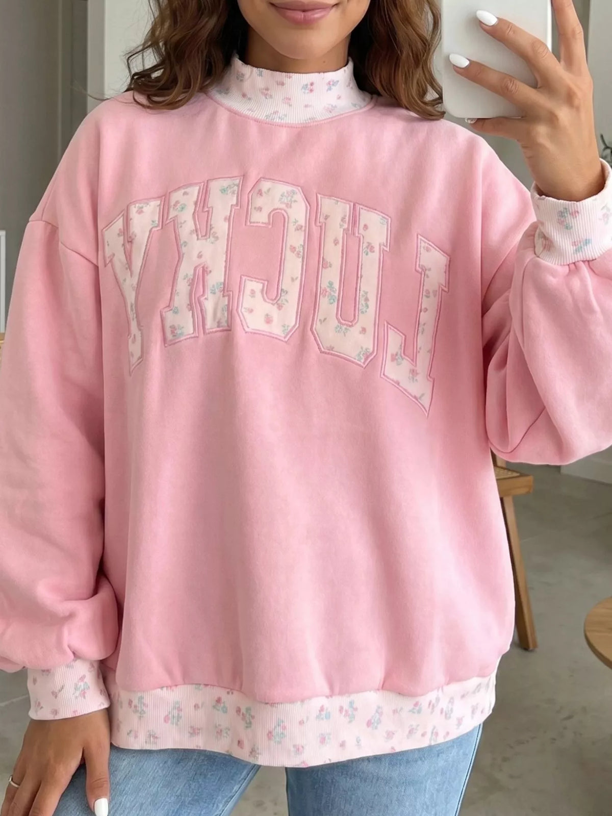 High Neck Floral Patch Embroidery Long Sleeve Sweatshirt