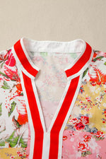 Contrast Collared V Neck Short Sleeve Floral Blouse