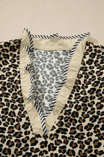 Leopard Print Striped Color Block Trim V Neck Bracelet Sleeve Mini Dress