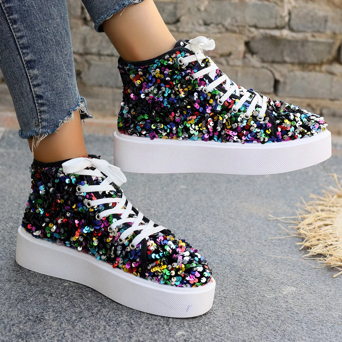 Sequin Round Toe Platform Sneakers
