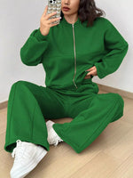 Casual Solid Color Zipper Jacket and Wide Leg Pants Set
