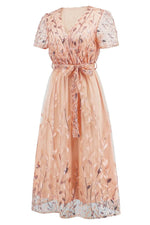 Sequin Leaf Embroidery Tie Front Short Sleeve Dress
