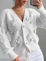 Bow Cable Knit V-Neck Cardigan