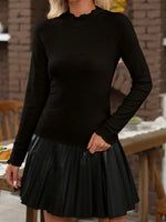Ribbed Knit Lettuce Trim Mock Neck Long Sleeve Top