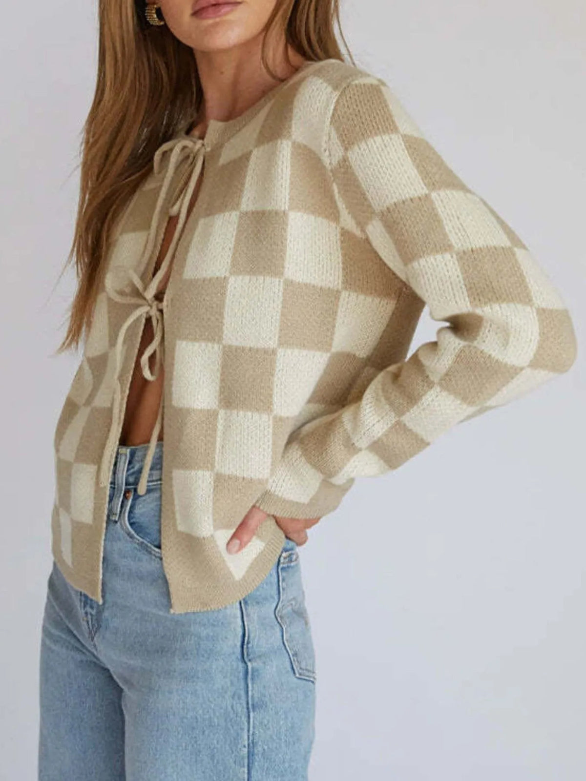 Checkered Tie-Front Cropped Cardigan