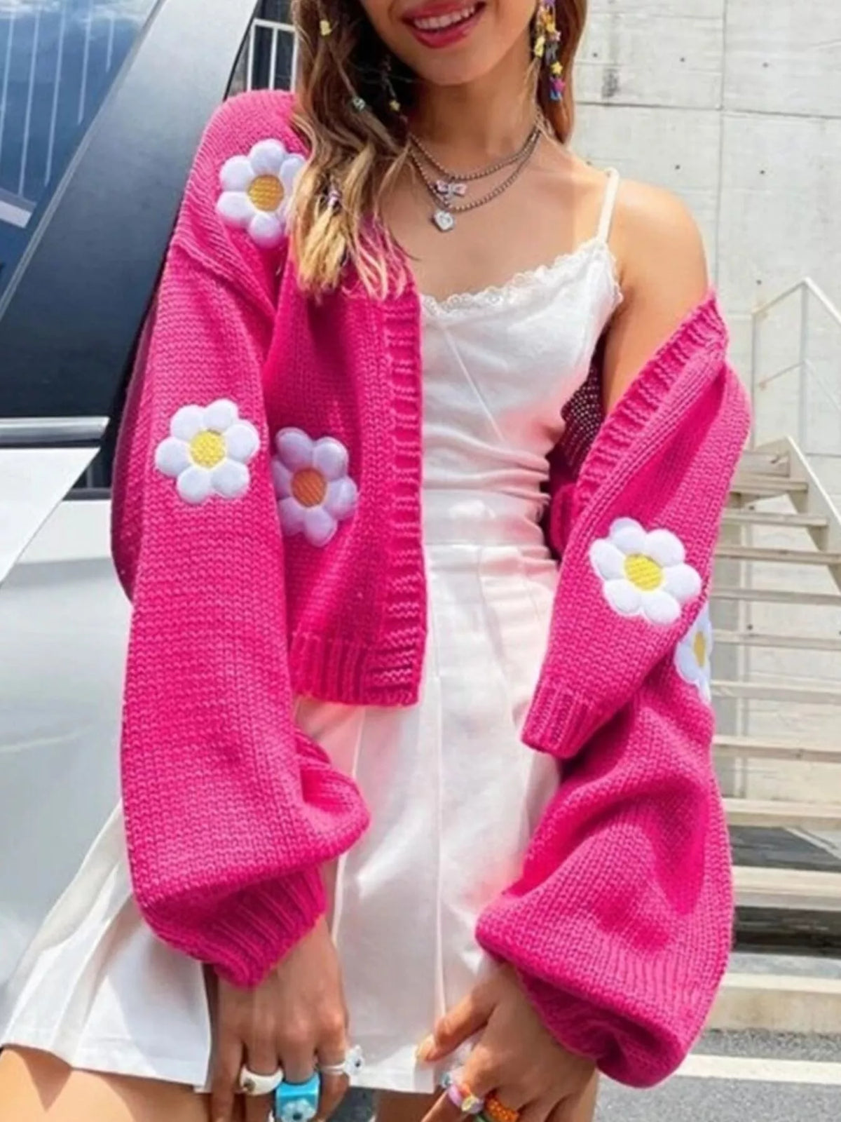 Floral Open Front Knit Cardigan