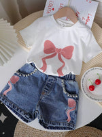 Children's Bowknot T-shirt and Denim Shorts Set
