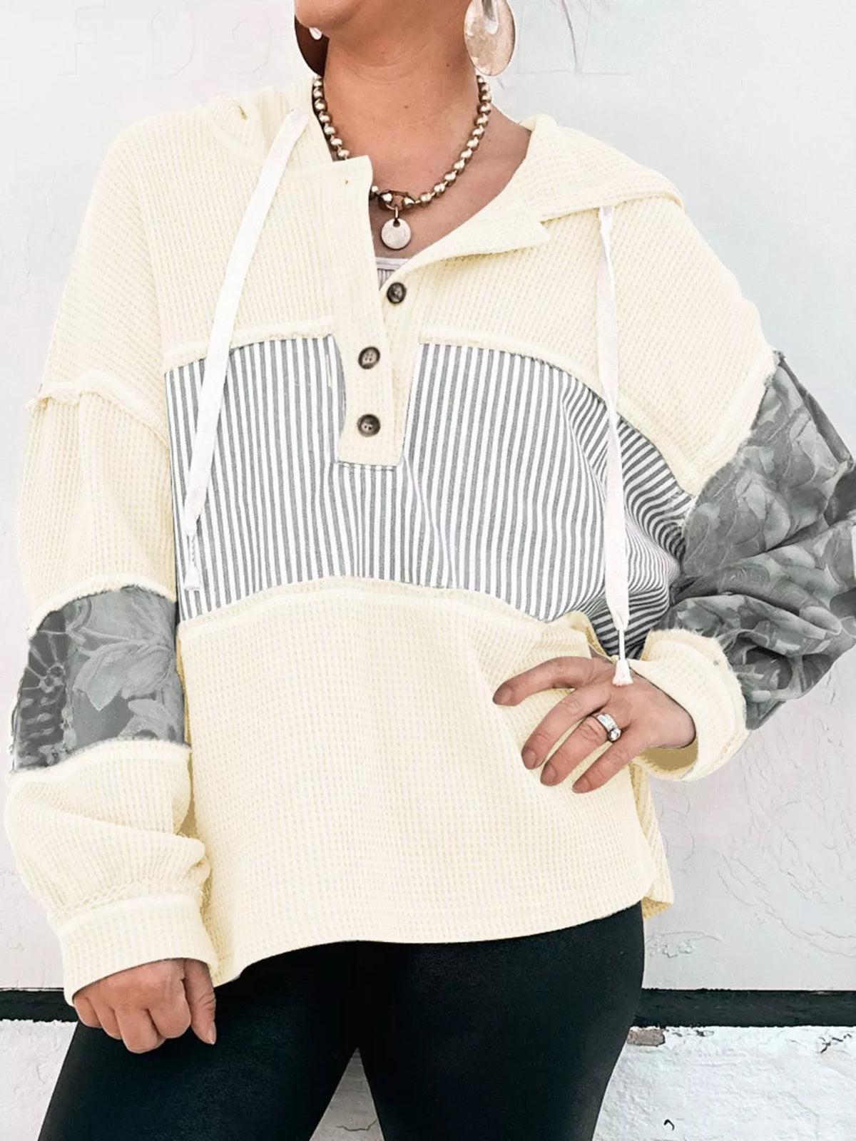Waffle Knit Striped Drawstring Hoodie