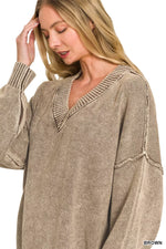 Zenana Washed Deep V-neck Oversized Sweater