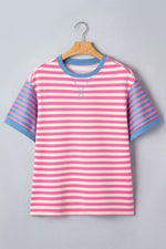 Stripe Contrast Patchwork Short Sleeve Loose Tee