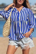 Stripe Balloon Sleeve Loose Button Up Shirt