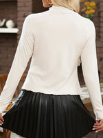 Ribbed Knit Lettuce Trim Mock Neck Long Sleeve Top