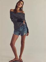 Striped Off-Shoulder Long Sleeve Knit Top
