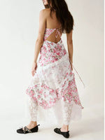 Lace Floral Print Ruffle Trim Maxi Dress