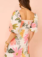 Floral Square Neck Puff Sleeve Maxi Dress with Ruffle Hem